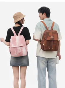 Casual washed denim pattern backpack with drawstring flap and large capacity for travel daily use.