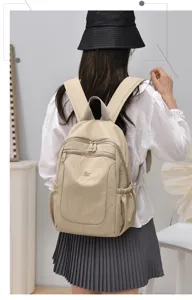 Casual nylon backpack for women large capacity school bag daily commuter travel backpack beige