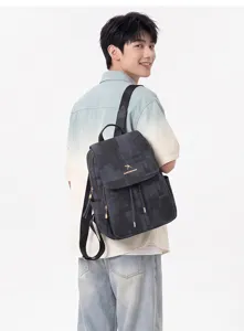 Fashionable washed texture backpack with drawstring flap, large capacity travel school bag.