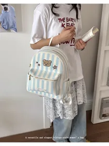 Blue white striped canvas backpack cute bear patch casual school bag for women daily commute