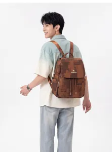 Stylish washed denim pattern backpack with drawstring flap for casual travel and school.
