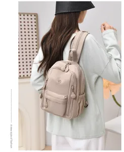 Mini nylon backpack for women casual waterproof multi-pocket travel daypack stylish beige