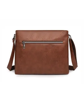 Brown PU leather messenger shoulder bag detail view, stylish women crossbody handbag with zipper.