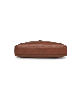 Brown PU leather women cross-body shoulder bag detail view, classic vintage fashion style.