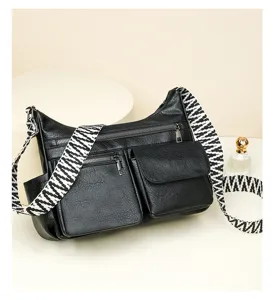 Retro soft leather multi-pocket crossbody bag with widened striped webbing for women commuting