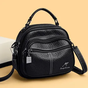 Women black pu leather handbag stylish multi pocket shoulder cross body bag top handle