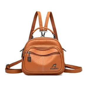 Fashion women's PU leather brown casual multi-pocket daily travel shoulder backpack