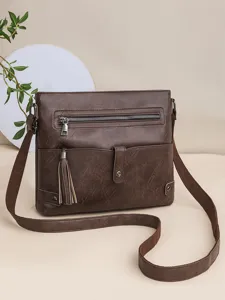Women Fashion PU Leather Crossbody Bag Casual Solid Color Shoulder Bag with Tassel Stylish Handbag For Daily Travel