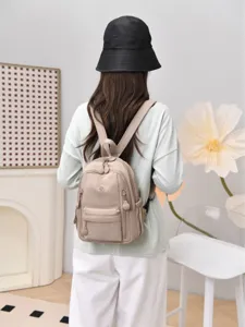 Women nylon mini backpack casual waterproof small book bag multi-pocket daypack beige