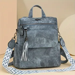 Women vintage tassel backpack large capacity casual daypack multi-functional stylish bag