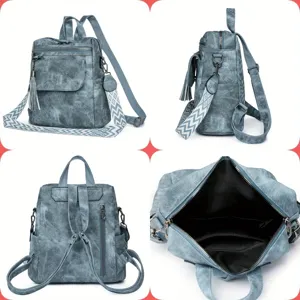 Detailed view of women's vintage multi-functional backpack with geometric straps and tassel.