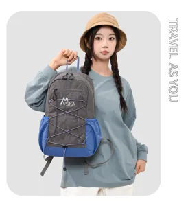 Casual colorblock backpack with front bungee cord and zipper pocket for daily travel use.