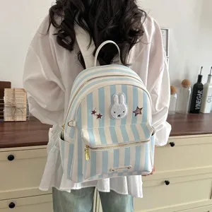 Cute Striped Backpack For Women Nylon Casual School Bookbag Large Capacity Travel Daypack With Rabbit Bear Embroidery