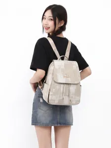 Women washed denim pattern backpack drawstring flap casual travel school bag fashion lightweight