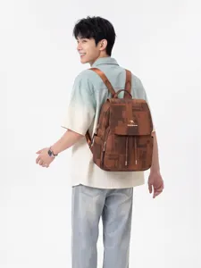 Casual washed denim pattern backpack with drawstring flap and large capacity for travel style.
