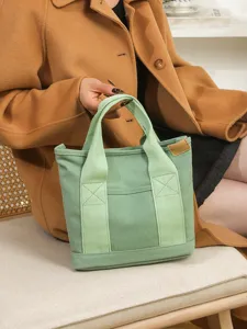 Green canvas tote bag for women, casual daily handbag, small lunch bag with top handles.