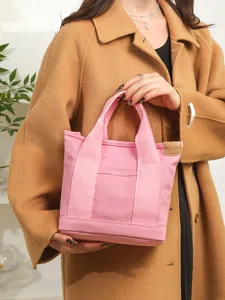 Pink canvas tote bag for women, cute small lunch bag and casual handbag with top handles.