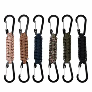 Handmade paracord carabiner double hook keychain, outdoor gear with various color options.