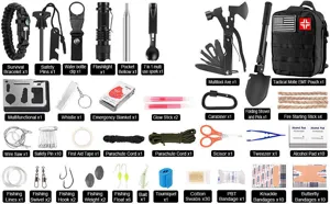 Kit d'équipement de survie d'urgence complet avec pochette tactique et multi-outils camping.