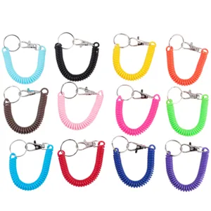 Colorful coiled spring keychain with metal ring and clasp, plastic stretchy lanyard for keys.
