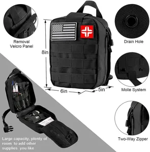 Vue détaillée du sac de premiers secours tactique avec système MOLLE et fermetures éclair.