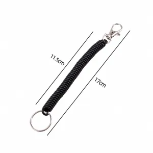 Black coiled spring keychain with lobster clasp and metal ring, detailed specification view.