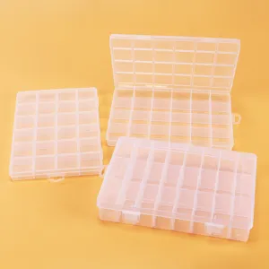 Vue détaillée de la boîte de rangement en plastique transparent, multi-grilles pour petits objets.