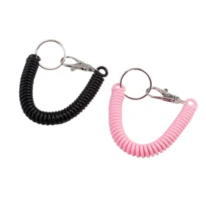 Close-up detail shot of colorful spring coil keychains with metal clasps, elastic anti-lost rope.