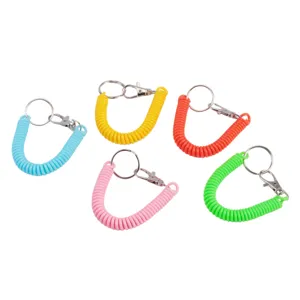 Colorful coiled spring plastic keychain with metal ring and lobster clasp detail.