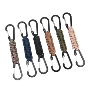 Paracord carabiner keychain detail, multi-color braided rope hook for outdoor and daily use.