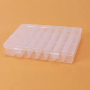 Detail de boite de rangement en plastique transparent, 24 compartiments pour petits objets.