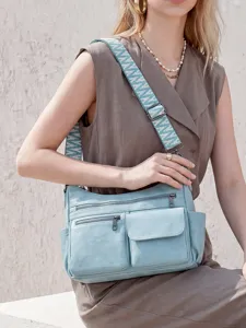 Women vintage soft leather multi-pocket crossbody bag with wide strap casual shoulder bag
