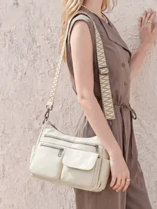 Women soft leather multi-pocket crossbody bag with wide patterned strap commute shoulder bag