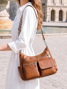 Women retro soft leather crossbody bag multi-pocket shoulder bag wide strap commuter