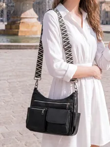 Retro soft leather multi-pocket crossbody shoulder bag for women with wide woven strap main view