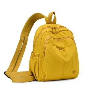 Compact yellow nylon backpack with multiple zipper compartments, ideal for daily commute and school.