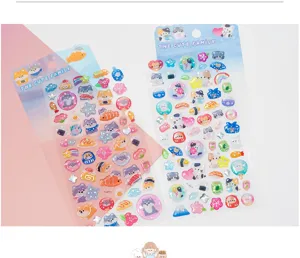 Detail view of cute 3D crystal animal stickers showing glossy finish and vibrant colors.