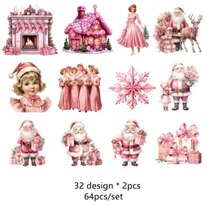 Pink Christmas sticker pack featuring 64pcs assorted vintage holiday designs for journaling.