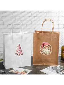 Christmas paper gift bags with festive stickers, ideal for holiday presents and decorations.