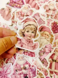 Vintage pink Christmas sticker pack, cute retro holiday decorative decals for luggage case.