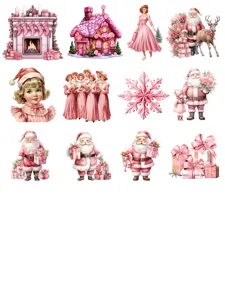 Pink retro Christmas stickers detail featuring Santa Claus, gingerbread house and gift boxes.