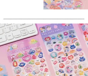 Cute 3D crystal animal stickers detail view, cartoon cat and chick transparent sheet.