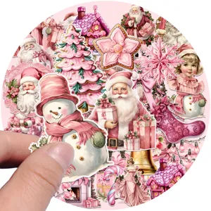 Pink vintage Christmas stickers pack featuring Santa Claus and snowman for holiday decor.