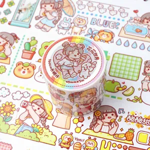 Cute cartoon character washi tape detail shot, beautiful decorative masking tape for journaling.