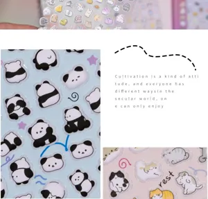 Cute 3D puffy animal stickers detail view featuring pandas, cats, dogs, and rabbits for kids.