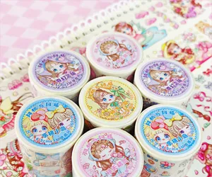 Cute cartoon washi tape detail view, decorative adhesive masking tape for journaling and crafts.