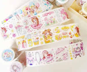 Cute washi tape rolls featuring adorable cartoon girls and decorative motifs for journaling.