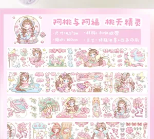 Cute anime illustration washi tape detail view, 4.5cm by 3m loop, special ink print.