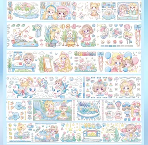 Detailed view of cute decorative washi tape featuring sweet anime girl illustrations and scenes.