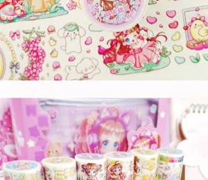 Cute washi tape detail view showing decorative adhesive tape rolls and patterns for journaling crafts